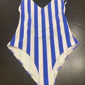 SOLID & STRIPED Blue and White Striped One Piece Swimsuit